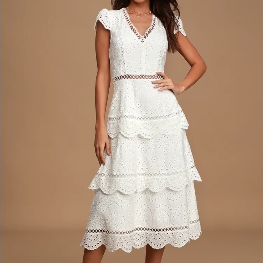 Lulu’s Sunshine Soirée white eyelet midi dress, XS